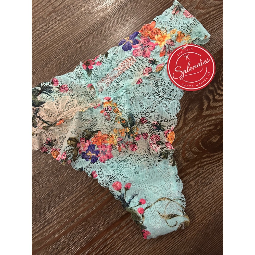 Splendies‎ Floral Lace Thong Light Blue Multi Color Mesh Panty NWT